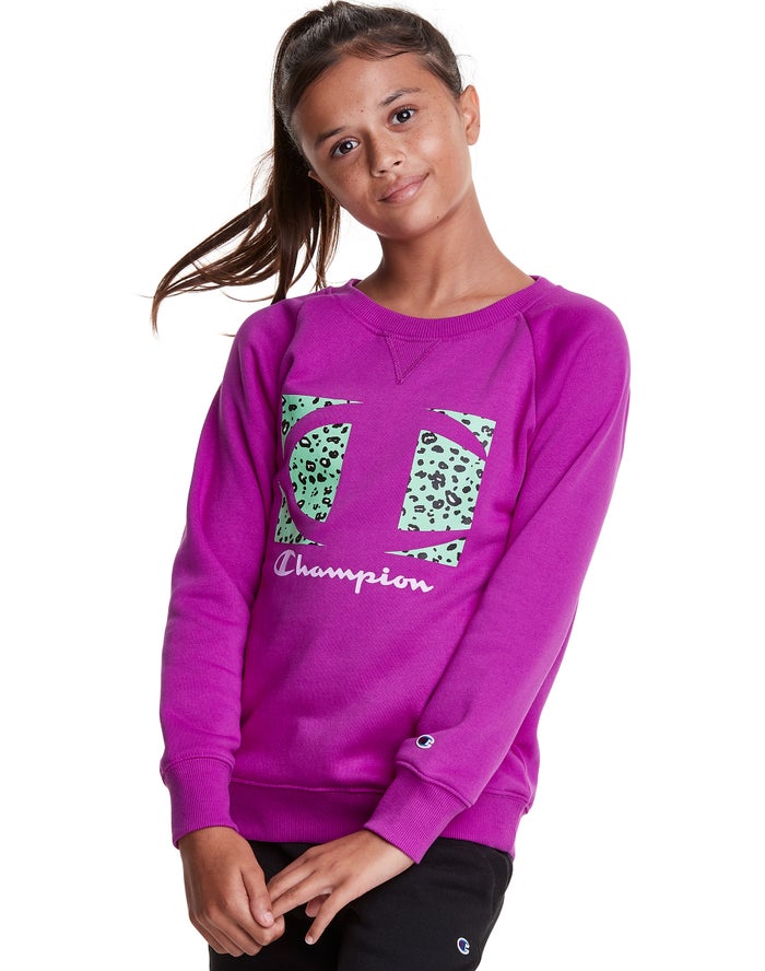 Champion Fleece Raglan Crew Leopard Knockout Logo Kiz Çocuk Kapşonlu Sweatshirt Mor ( WHZXYR617 )